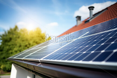 Photovoltaic panels on the tile roof of a house - Starpik Stock