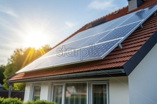Photovoltaic panels on the tile roof of a house - Starpik Stock