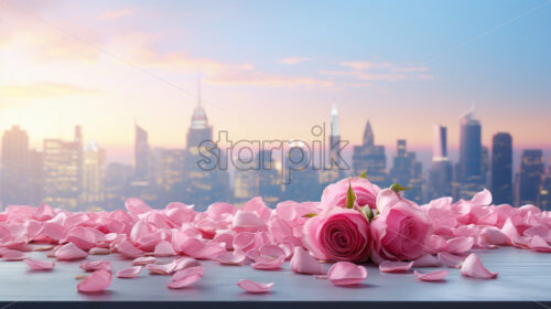 Pink rose petals on the background of a city - Starpik Stock