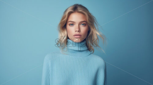 Portrait of a fashion model, blonde in a blue sweater - Starpik