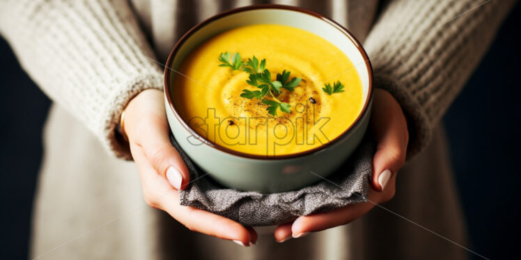 Pumpkin soup in a bowl warm, woman hands - Starpik Stock