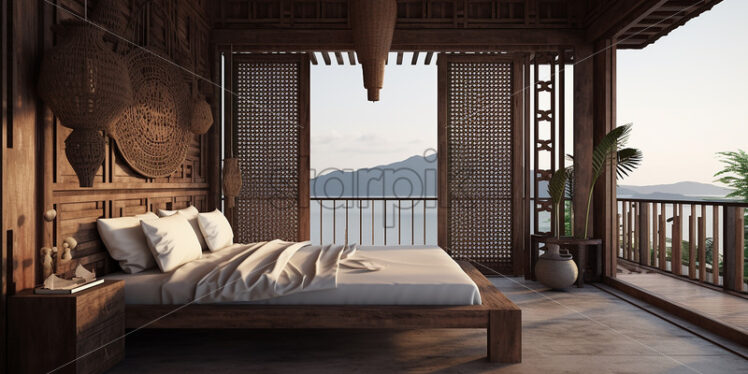Rattan wood house in the beach side with bedframe and some wood accesories and indoor plant - Starpik Stock
