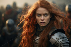 Red hair viking woman in metalic armour at medieval war - Starpik Stock