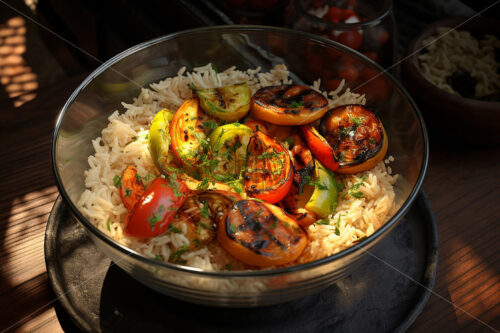 Rice with grilled vegetables in a glass bowl - Starpik Stock