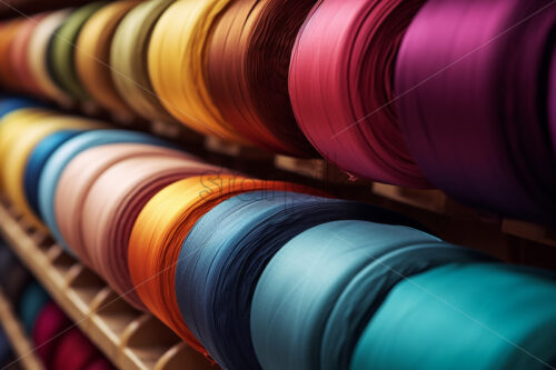 Rolls of fabric of different colors arranged on shelves - Starpik Stock