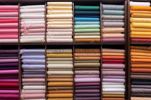 Rolls of fabric of different colors arranged on shelves - Starpik Stock