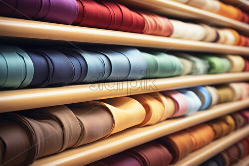 Rolls of fabric of different colors arranged on shelves - Starpik Stock