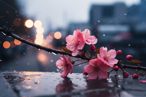 Sakura flowers in a city and rain atmosphere - Starpik Stock