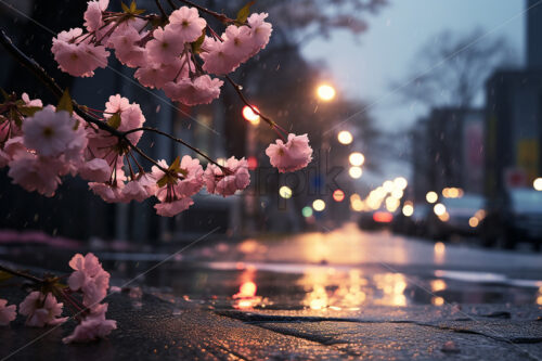Sakura flowers in a city and rain atmosphere - Starpik Stock