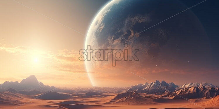 Sand dunes on the background of a planet at night - Starpik Stock