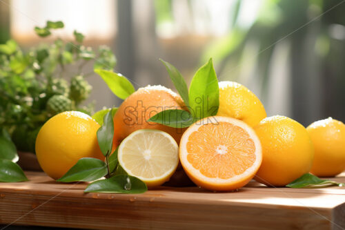Several citrus fruits on a wooden table - Starpik Stock