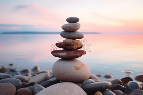 Several stones arranged one above the other on the shore of a lake - Starpik Stock