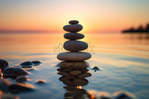 Several stones arranged one above the other on the shore of a lake - Starpik Stock