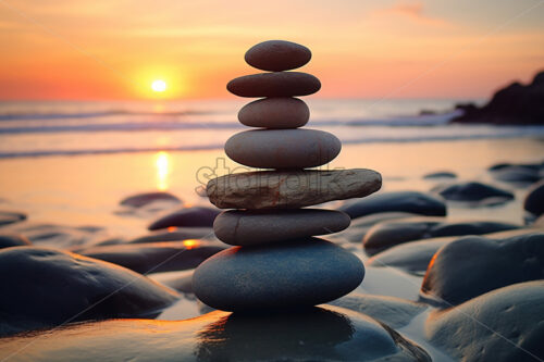 Several stones arranged one above the other on the shore of a lake - Starpik Stock