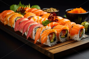 Several types of sushi on a wooden tray - Starpik Stock