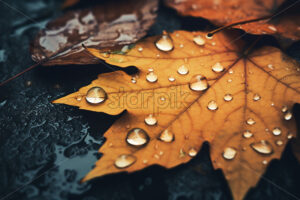 Some autumn yellow leaves, in a rainy day with water drops on them - Starpik Stock