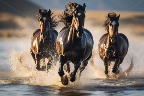 Some beautiful wild horses running through the water of a river - Starpik Stock