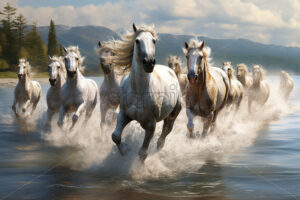 Some beautiful wild horses running through the water of a river - Starpik Stock
