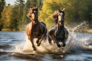 Some beautiful wild horses running through the water of a river - Starpik Stock