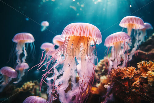 Some jellyfish in a coral reef - Starpik Stock