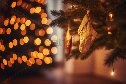 Stockings for the winter holidays hanging in the Christmas tree, festive atmosphere - Starpik Stock