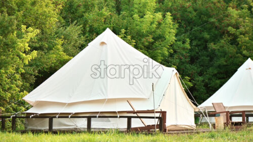 Tents with wooden chairs at glamping, lush forest around - Starpik
