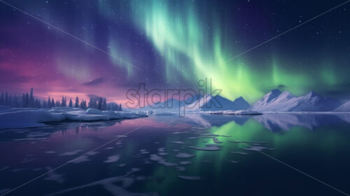 The Northern Lights above a lake in the mountains - Starpik Stock