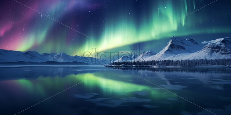 The Northern Lights above a lake in the mountains - Starpik Stock