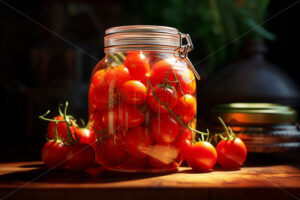 There are pickled tomatoes in a jar on a table, and many fresh tomatoes next to them - Starpik Stock