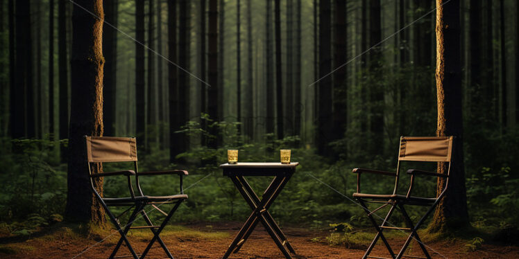Two chairs and a table in the forest - Starpik Stock