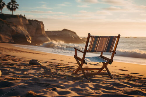 Two folding chairs sitting on a beach and in the distance an amazing view of an ocean whose waves come to the shore - Starpik Stock