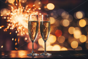 Two glasses of champagne against the background of fireworks - Starpik Stock