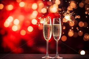 Two glasses of champagne against the background of fireworks - Starpik Stock