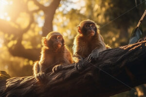 Two monkeys are sitting on a branch of a tropical tree - Starpik Stock