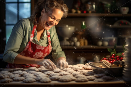 Woman baking Christmas cookies happy, rustic background home - Starpik