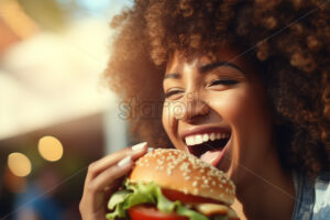 Woman eating burger close up portrait, afro American curl hairs - Starpik