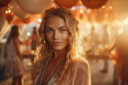 Woman in a dress at a boho party portrait, natural sunlight background - Starpik