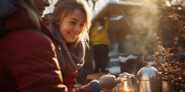Woman pouring tea from a thermos outdoors cold winter - Starpik Stock