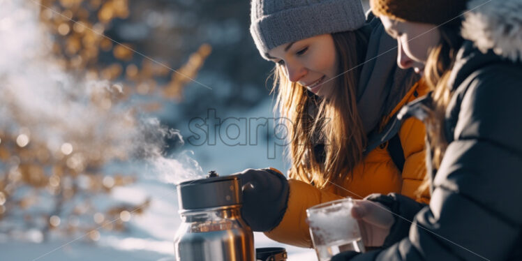 Woman pouring tea from a thermos outdoors cold winter - Starpik Stock