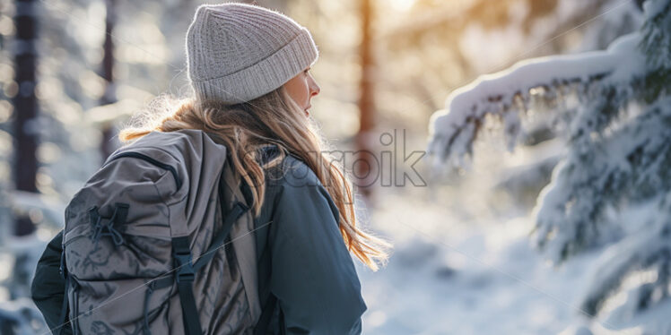 Woman with a backpack hiking in the mountains - Starpik Stock