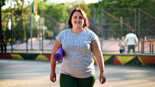 Woman with overweight in grey t-shirt and leggings walking on a sports field in a park while holding a yoga mat. Fitness lifestyle. Looking at the camera - Starpik Stock