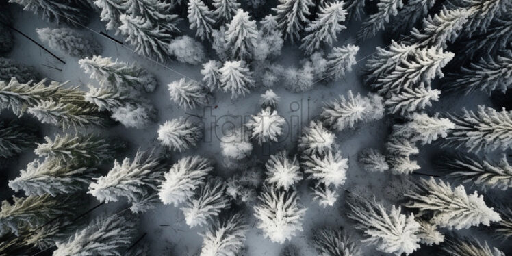 Wonderful winter forest pine trees aerial top view - Starpik Stock