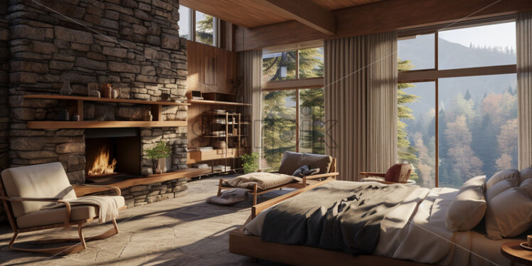 Wooden bedroom in the country side  on a classic theme with fireplace during winter - Starpik Stock