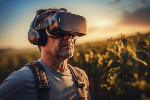 man with VR glasses in the plantation field working agriculture, virtual reality - Starpik Stock