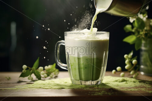 matcha drink in a cup, drink splash over dark backgrounds - Starpik