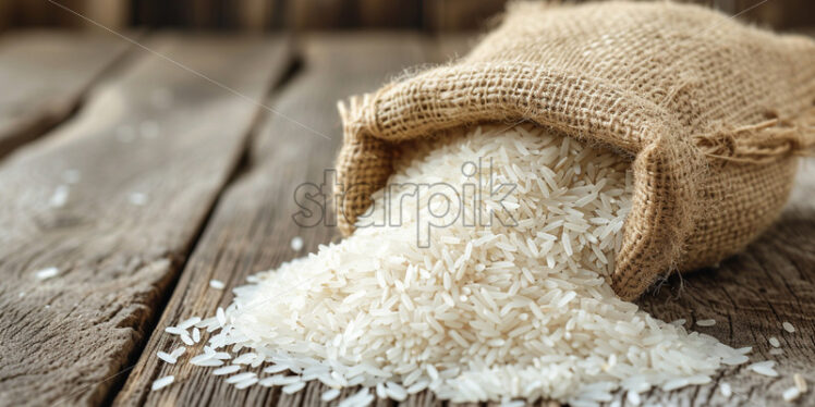 A bag of white rice on a wooden table - Starpik Stock