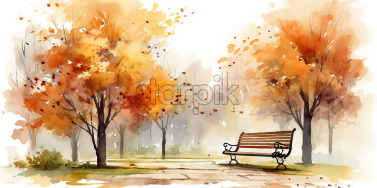 A bench in the park in autumn, watercolor clipart style - Starpik Stock