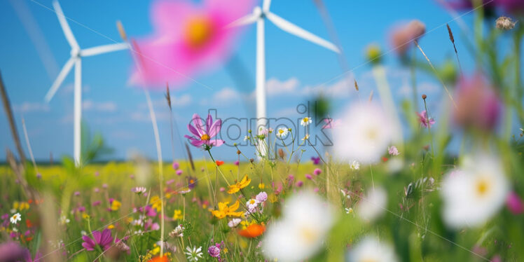 A field of flowers against the background of wind turbines - Starpik Stock