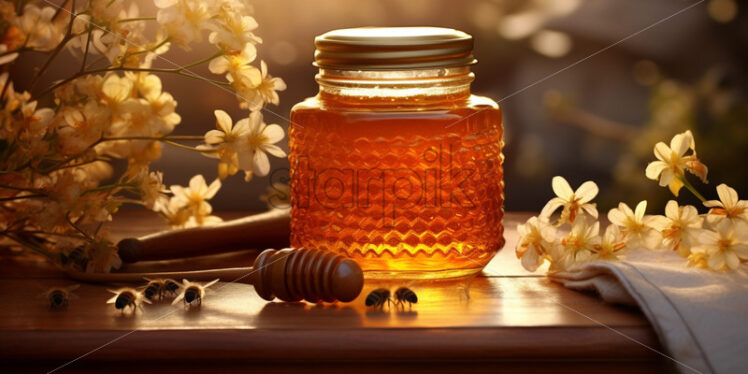 A jar of honey , on an antique table, with a fields of flower background - Starpik Stock