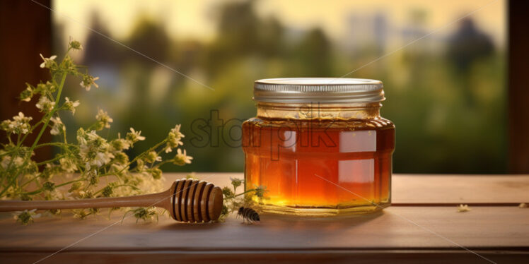 A jar of honey , on an antique table, with a fields of flower background - Starpik Stock